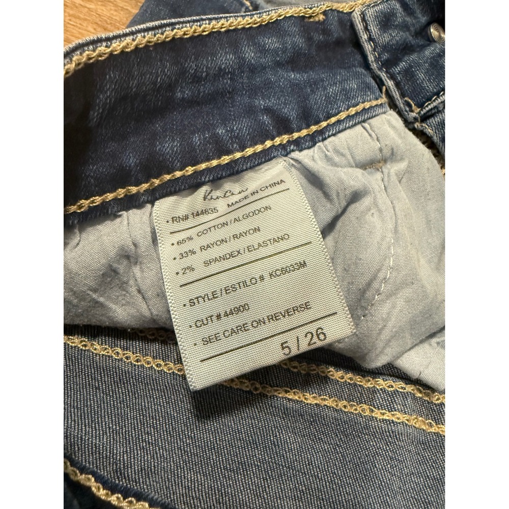 KanCan High Rise Distressed Denim Shorts Dark Wash Raw Fringe Hem Size 5 26 - Picture 5 of 5